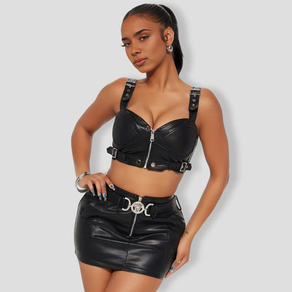 her Faux Leather 3 Piece Fringe Skirt Set - Black