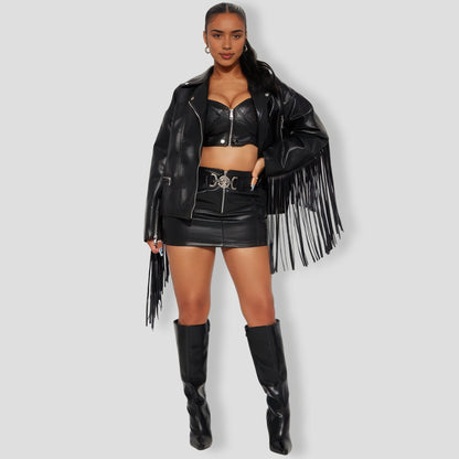 her Faux Leather 3 Piece Fringe Skirt Set - Black