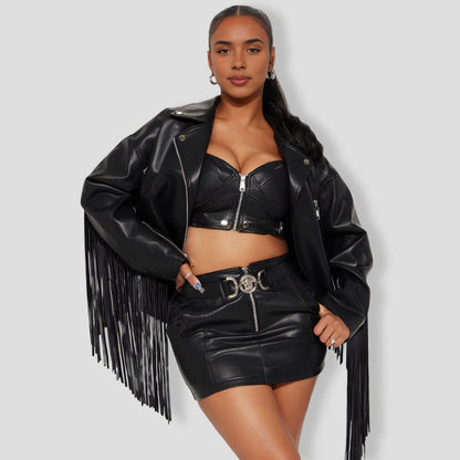 her Faux Leather 3 Piece Fringe Skirt Set - Black