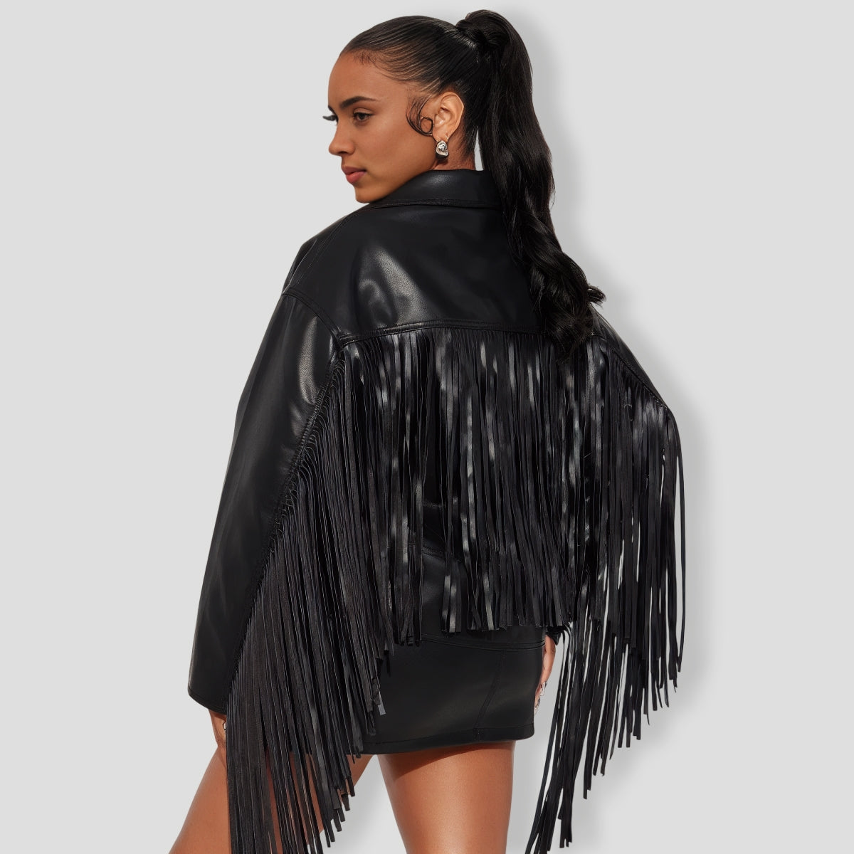 her Faux Leather 3 Piece Fringe Skirt Set - Black