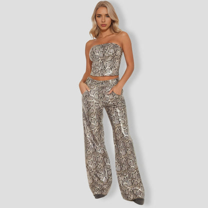 Hiss Faux Leather Snake Pant Set - Grey combo