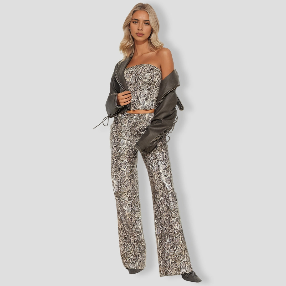 Hiss Faux Leather Snake Pant Set - Grey combo
