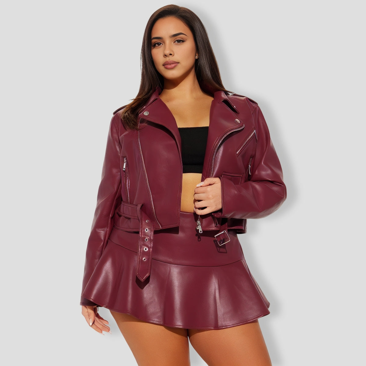 iker Babe Faux Leather SkIrt Set - Wine