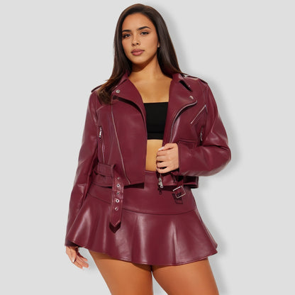 iker Babe Faux Leather SkIrt Set - Wine