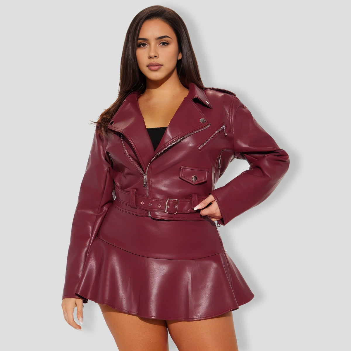 iker Babe Faux Leather SkIrt Set - Wine