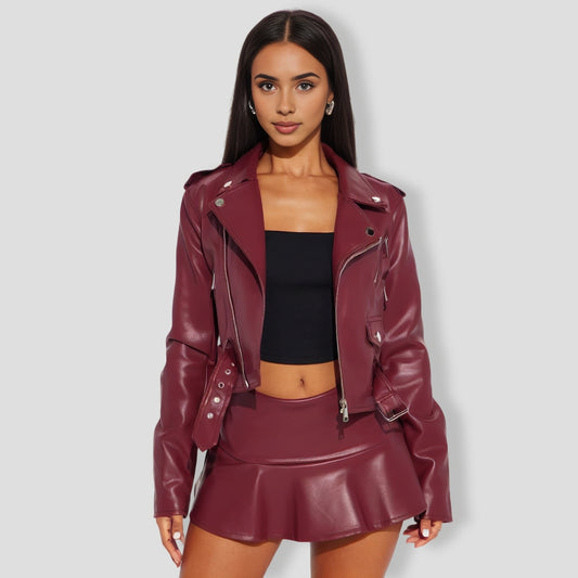 iker Babe Faux Leather SkIrt Set - Wine