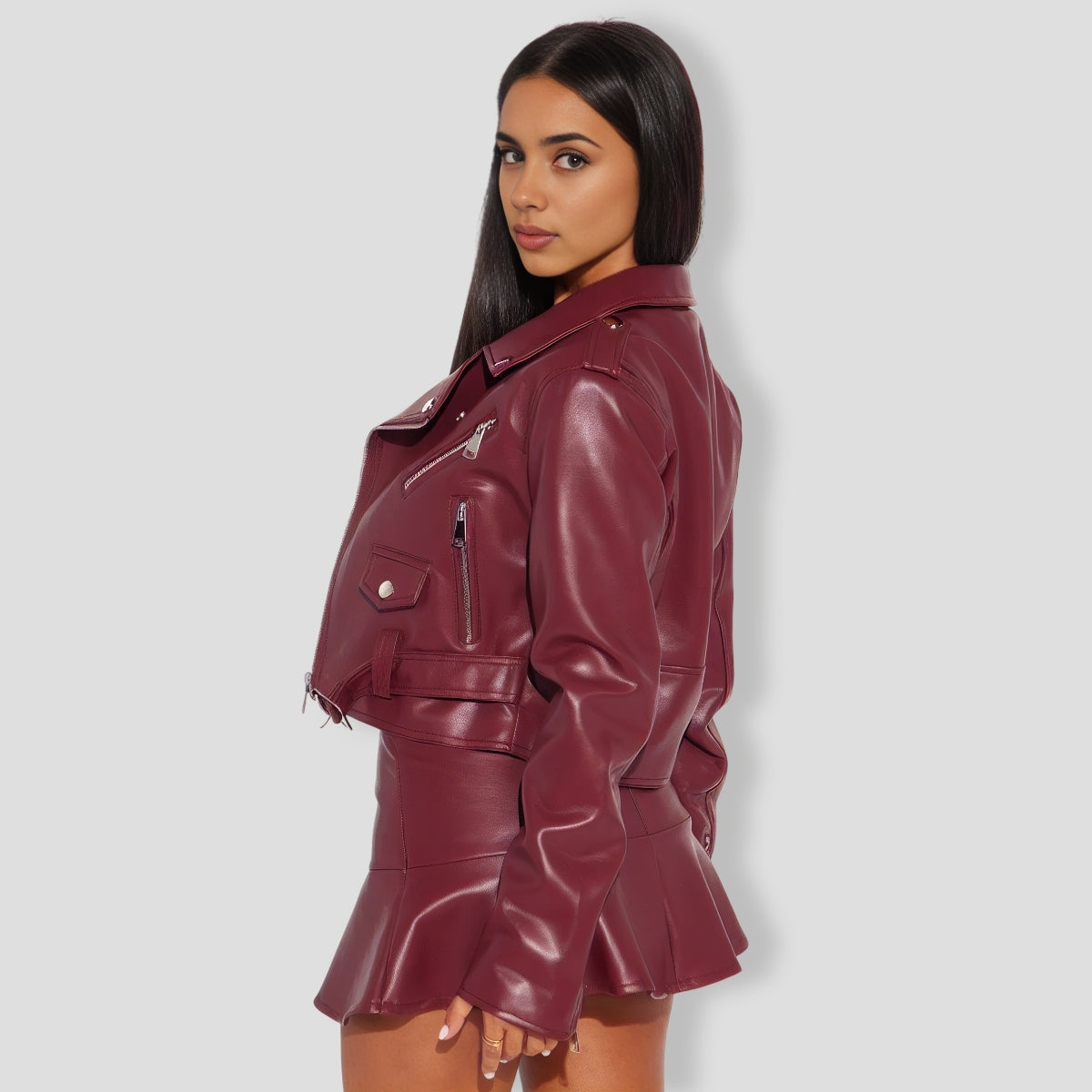 iker Babe Faux Leather SkIrt Set - Wine