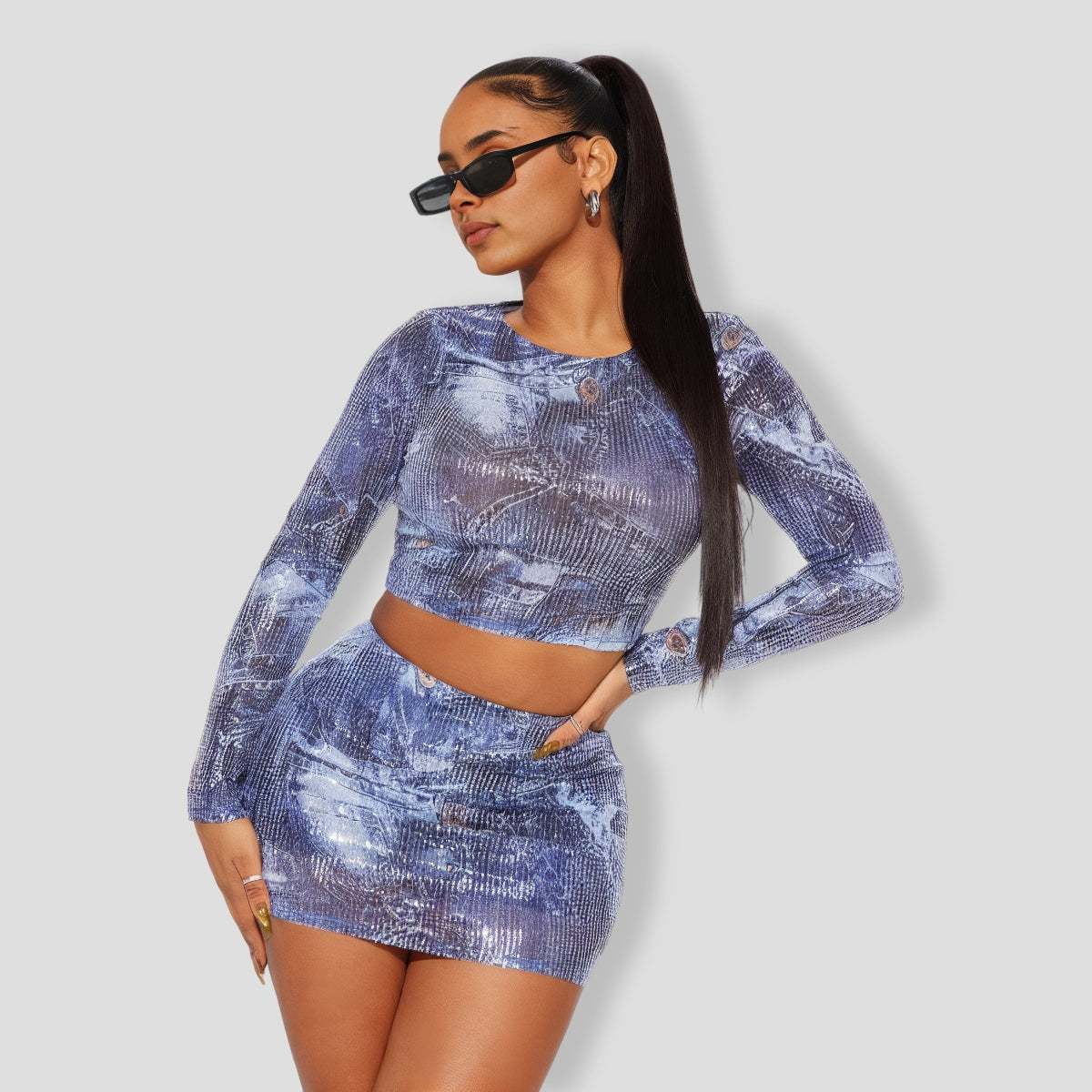 In A Denim Mood Sequin Skirt Set - Blue