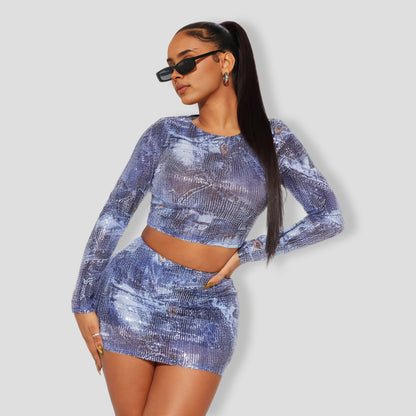 In A Denim Mood Sequin Skirt Set - Blue