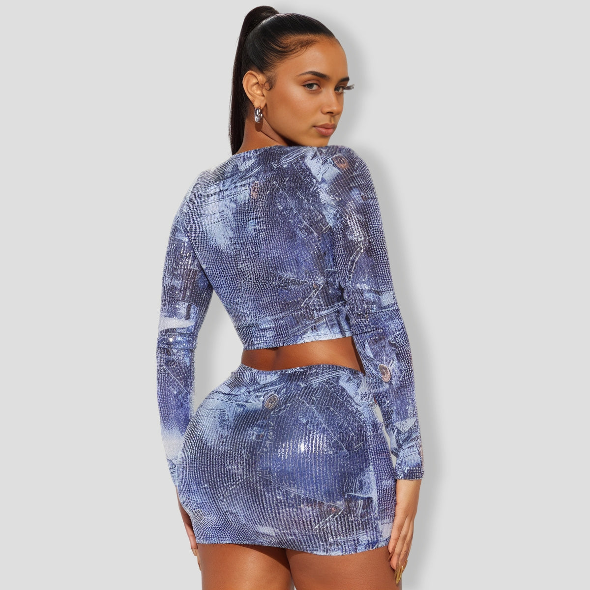 In A Denim Mood Sequin Skirt Set - Blue