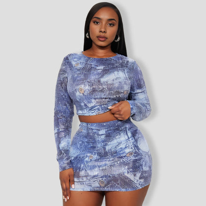 In A Denim Mood Sequin Skirt Set - Blue