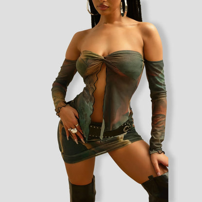 Jenna Mesh Skirt Set - Olive combo