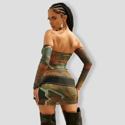 Jenna Mesh Skirt Set - Olive combo