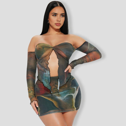 Jenna Mesh Skirt Set - Olive combo