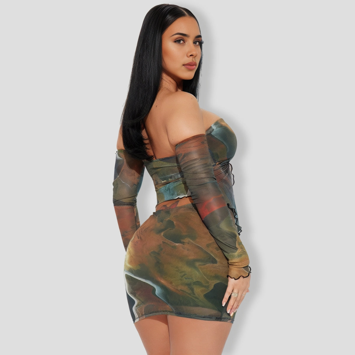 Jenna Mesh Skirt Set - Olive combo