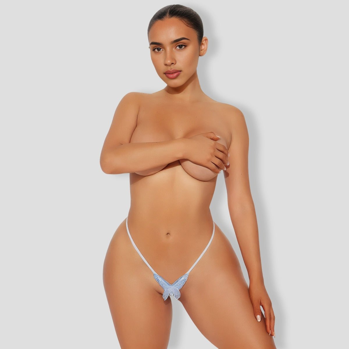 Light Blue Pearl Butterfly Crotchless GString Thong Panty