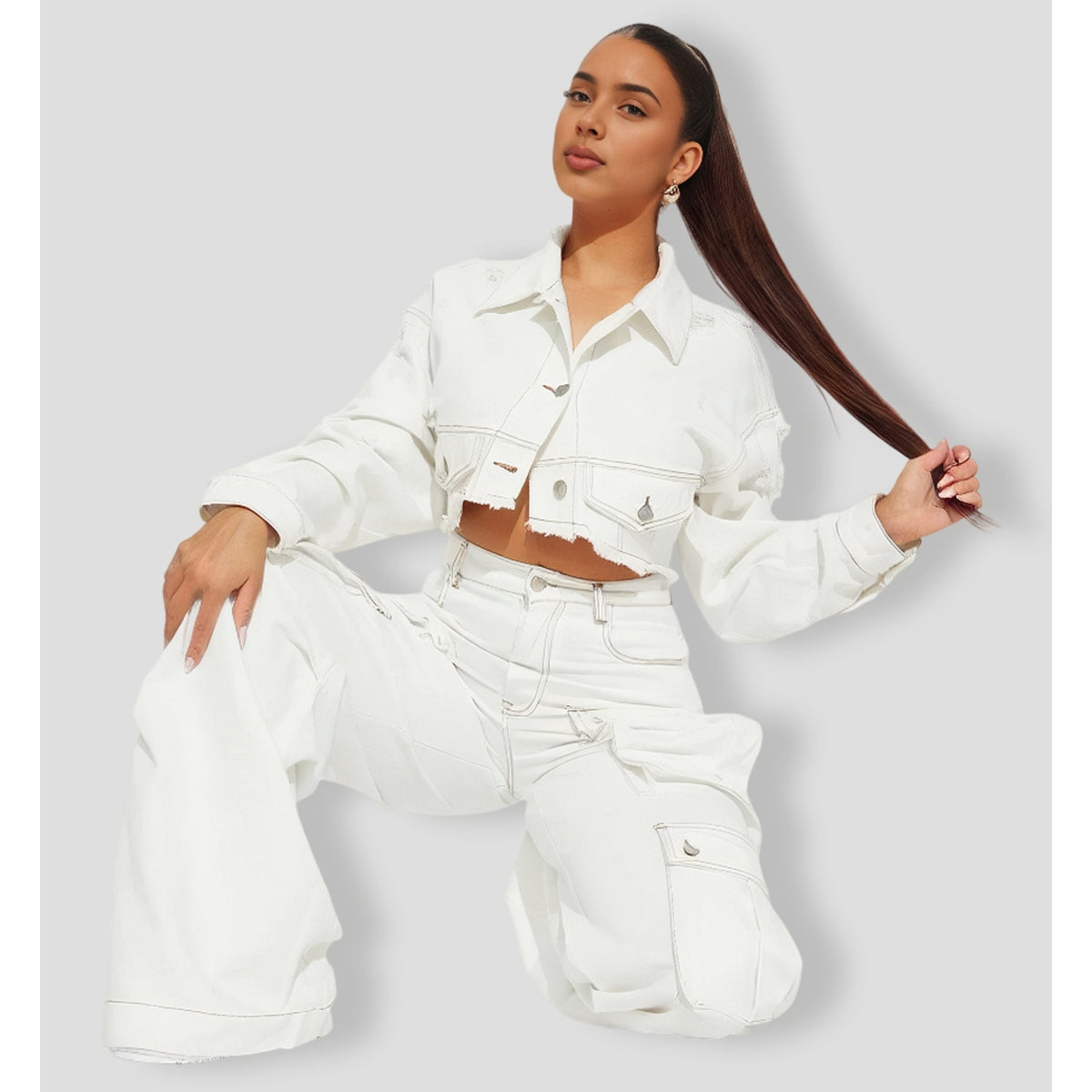 Just Between Us Denim Pant Set - White