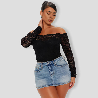 Katie Lace Off Shoulder Bodysuit - Black