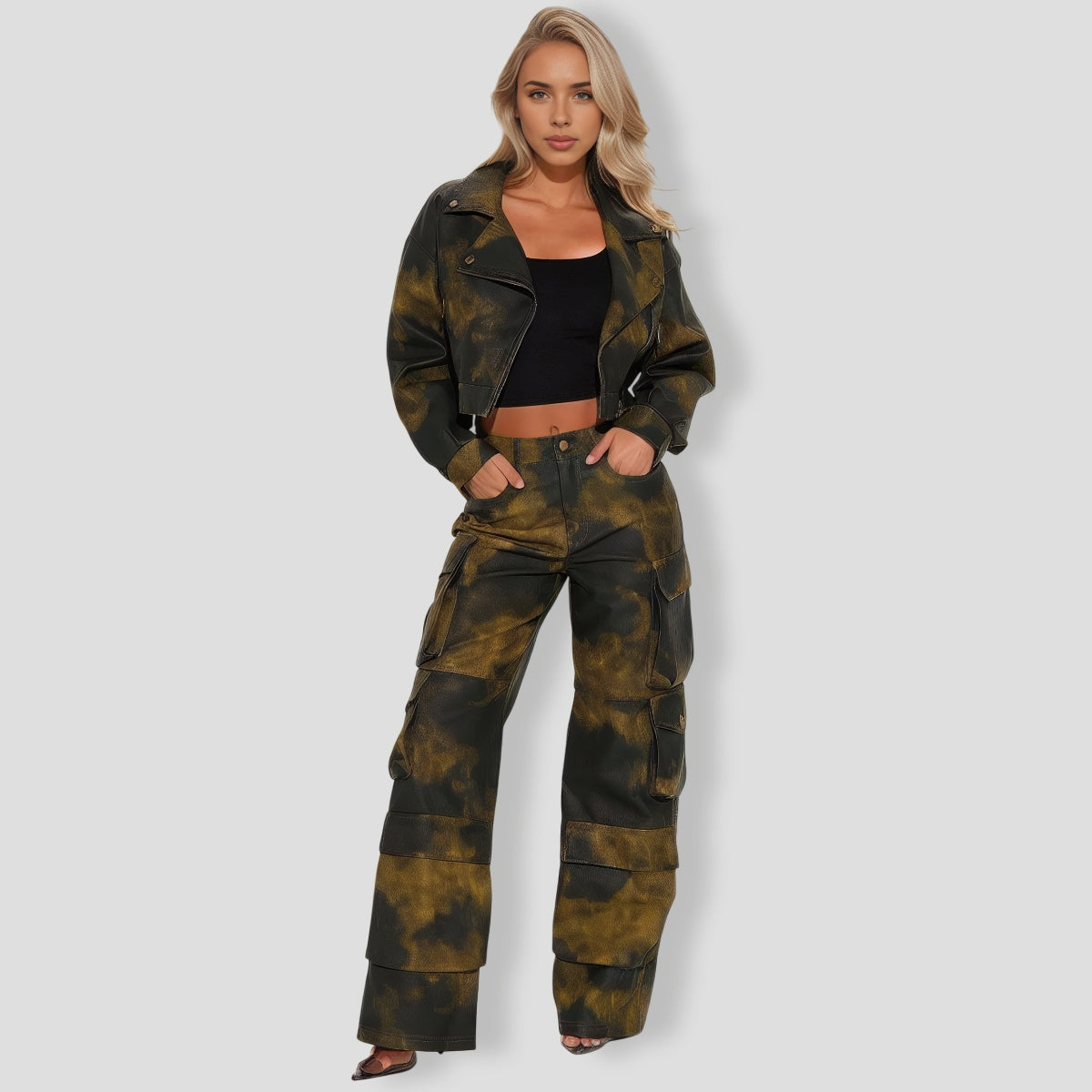 lair Faux Leather Cargo Pant Set - Black Green