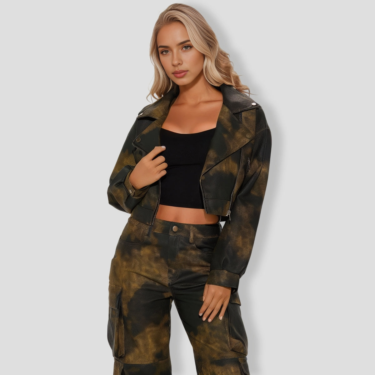 lair Faux Leather Cargo Pant Set - Black Green