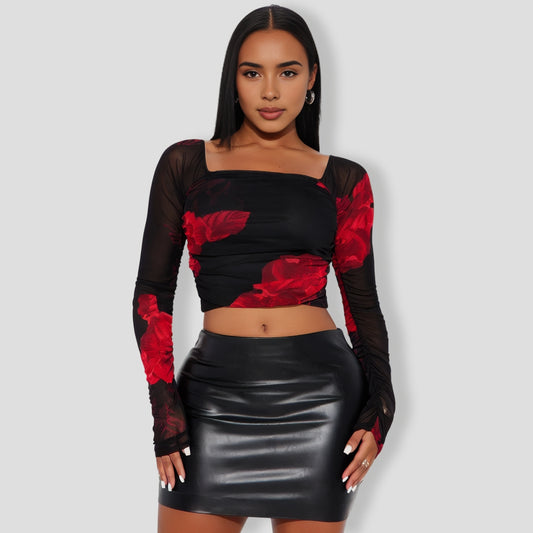 Black floral Mesh Top