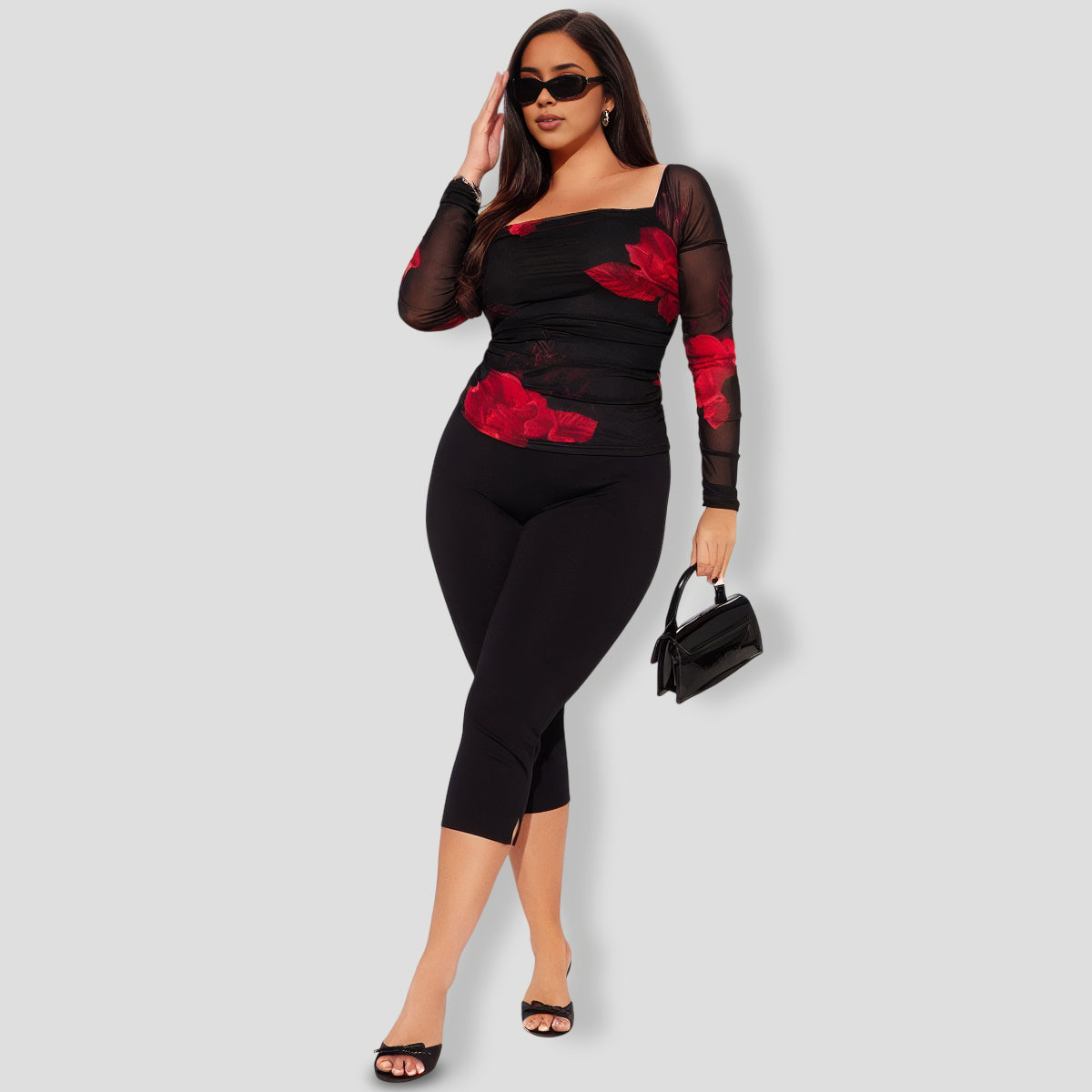 Black floral Mesh Top