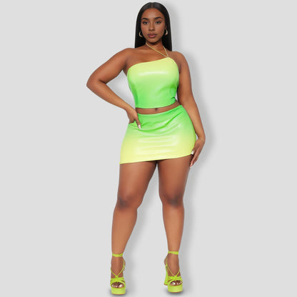 Maria Faux Leather Ombre Skirt Set - Green combo