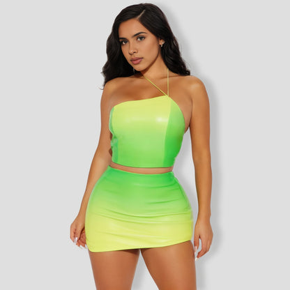 Maria Faux Leather Ombre Skirt Set - Green combo