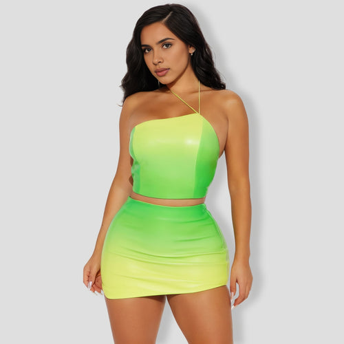 Maria Faux Leather Ombre Skirt Set - Green combo