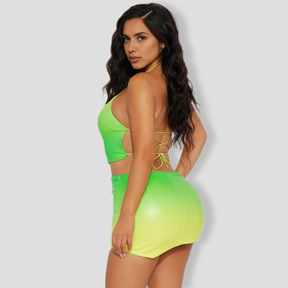 Maria Faux Leather Ombre Skirt Set - Green combo