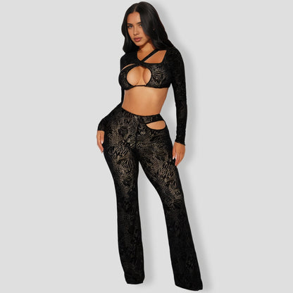 Monica Mesh Flare Pant Set - Black combo