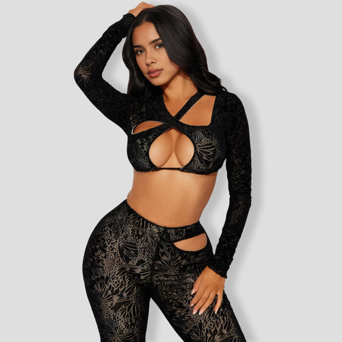 Monica Mesh Flare Pant Set - Black combo