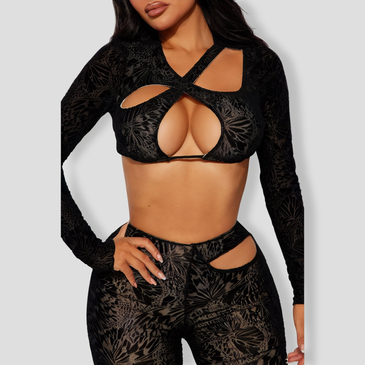 Monica Mesh Flare Pant Set - Black combo