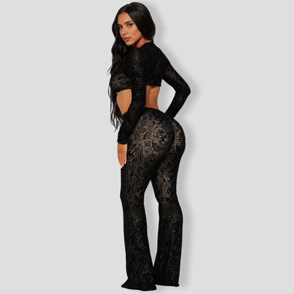 Monica Mesh Flare Pant Set - Black combo