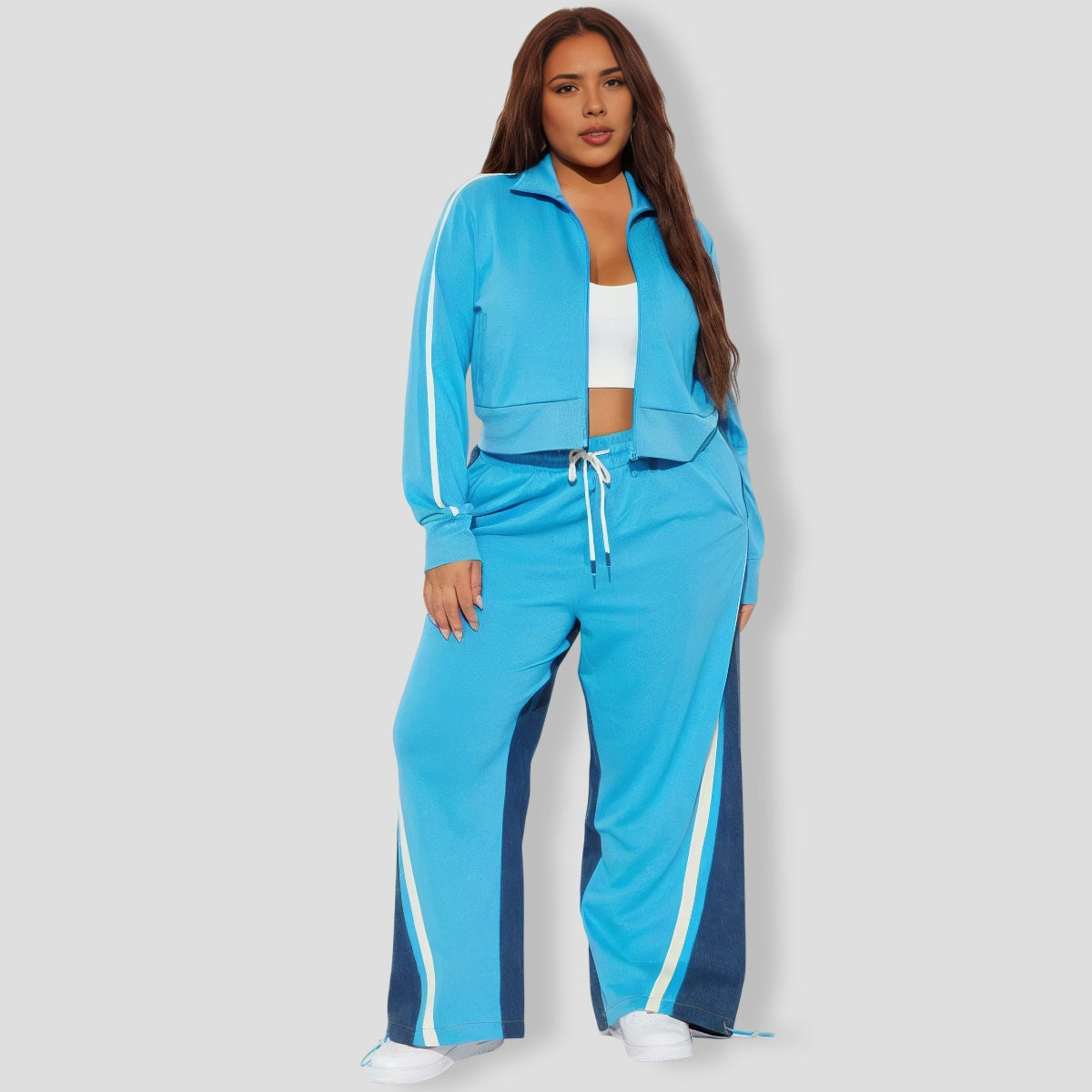 Blue Denim Mix Track Pants Set
