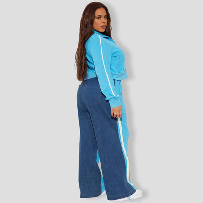 Blue Denim Mix Track Pants Set