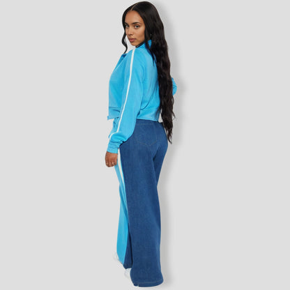 Blue Denim Mix Track Pants Set
