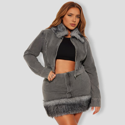 Myla Faux Fur Denim Skirt Set - Grey