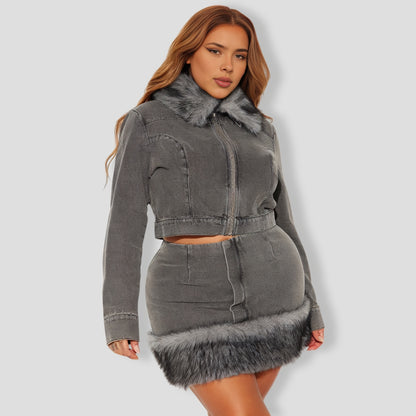 Myla Faux Fur Denim Skirt Set - Grey