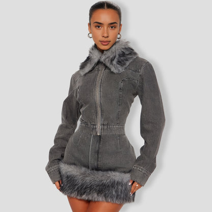 Myla Faux Fur Denim Skirt Set - Grey