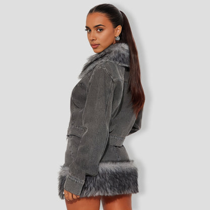 Myla Faux Fur Denim Skirt Set - Grey