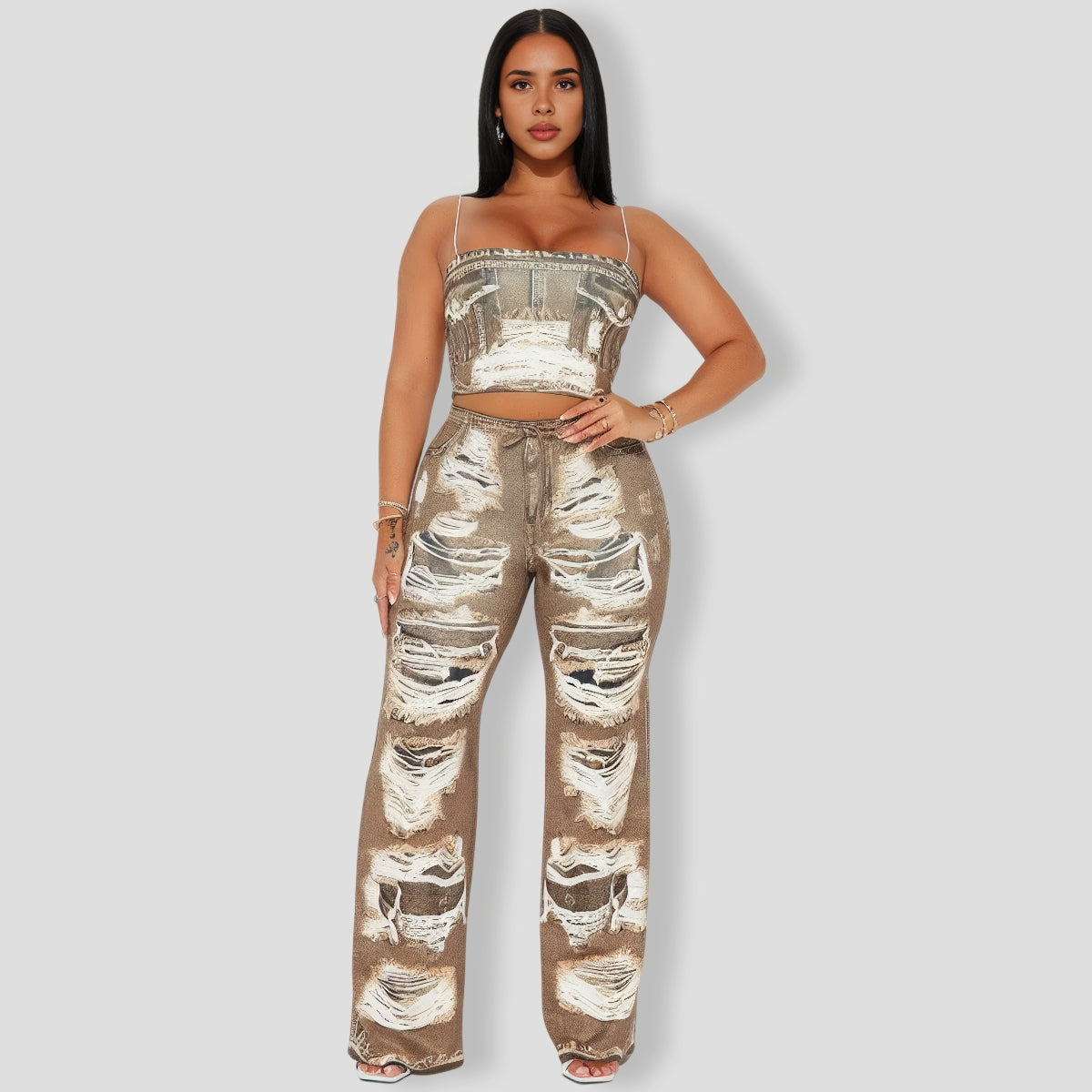 Distress Pant Set - Brown