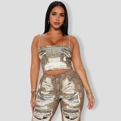 Distress Pant Set - Brown