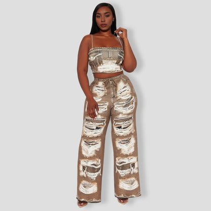 Distress Pant Set - Brown