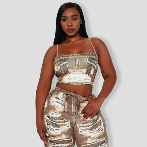 Distress Pant Set - Brown