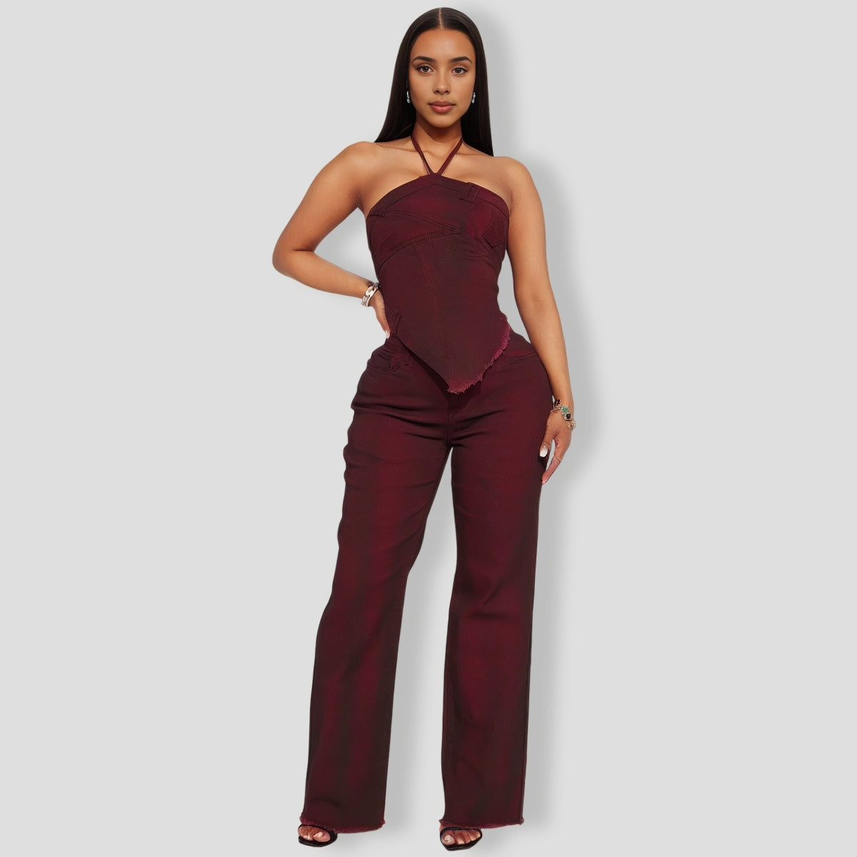 Elevated Washed Wine Denim Pants Set