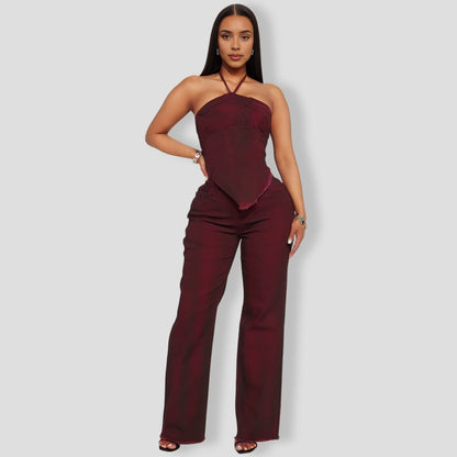 Elevated Washed Wine Denim Pants Set