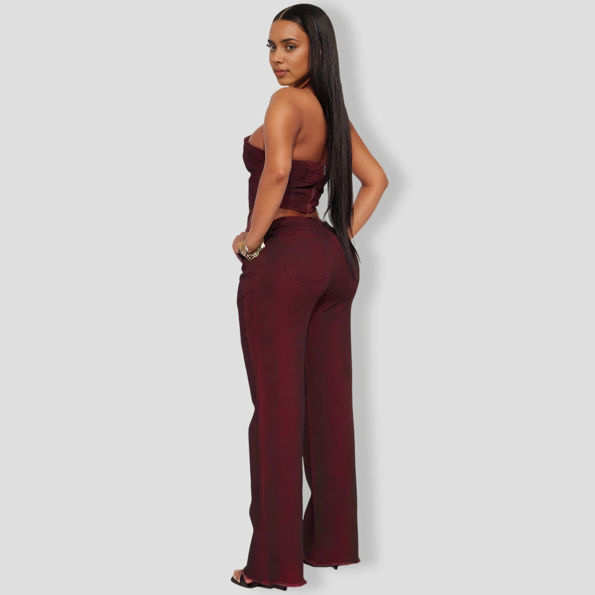 Elevated Washed Wine Denim Pants Set