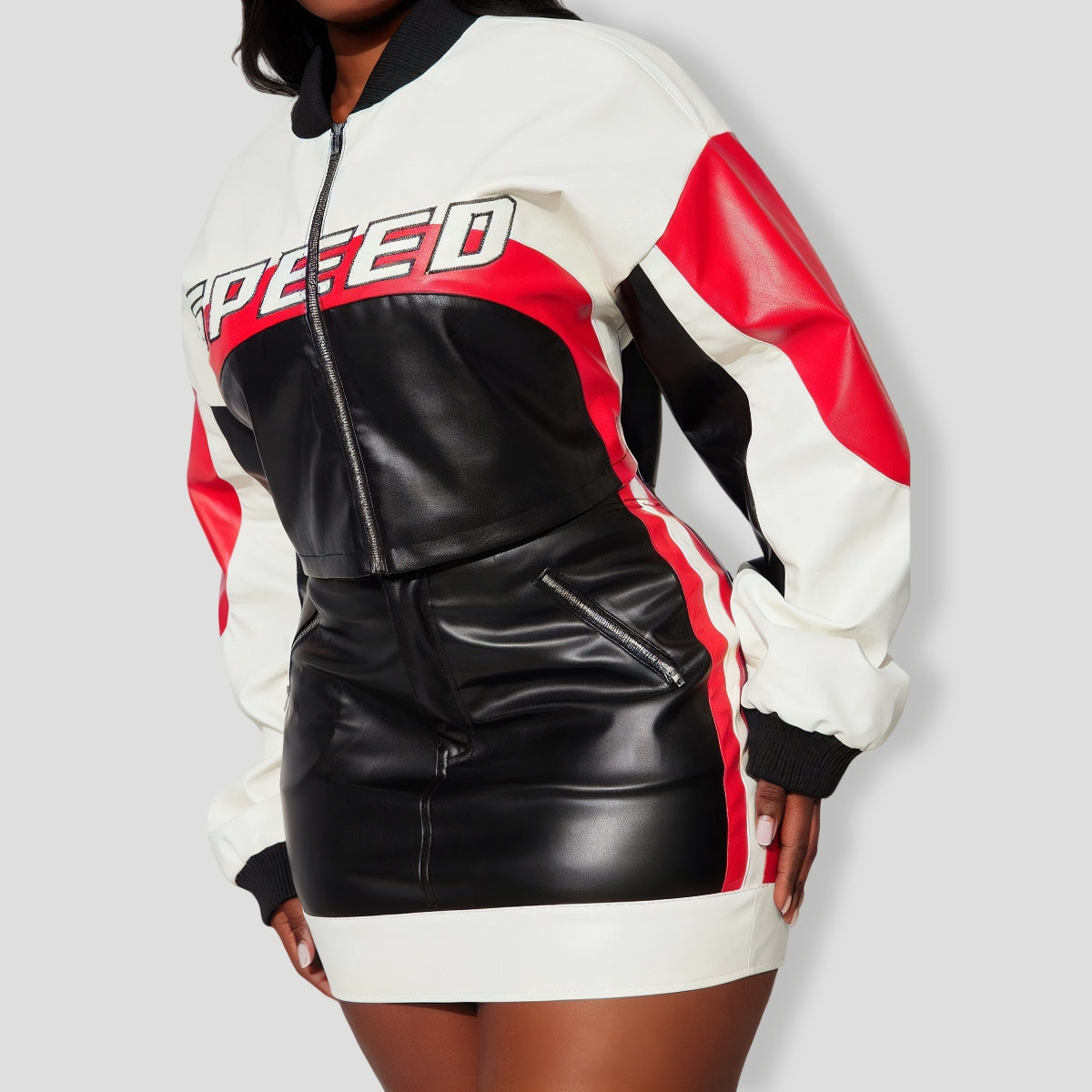 Racing Inspired Faux Leather Skirt Set