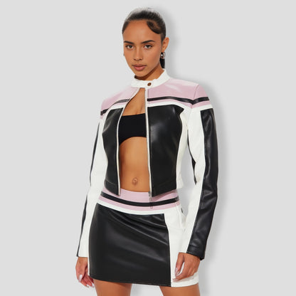 Babe Faux Leather Mini Skirt Set - Black combo